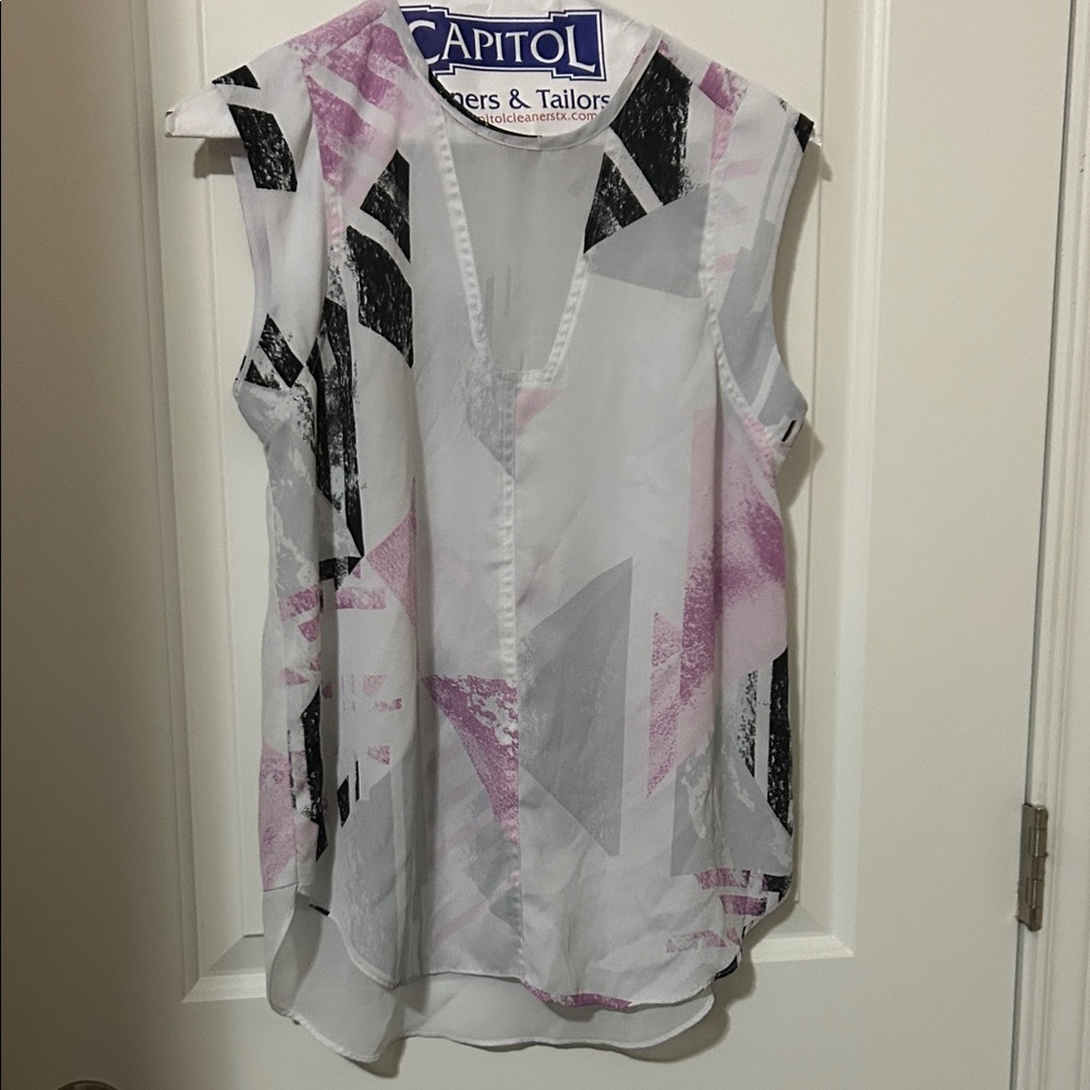 Vince Camuto White Sleeveless Geometric Print Camisole with Pink & Black Accents